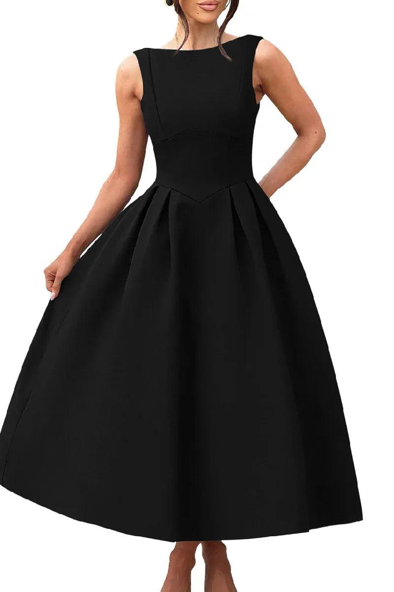 A-Line Midi Satin Formal Wedding Guest Dress Bateau Neck Backless Elegant Evening Dresses COCOMELODY B0F4MVVXTZ